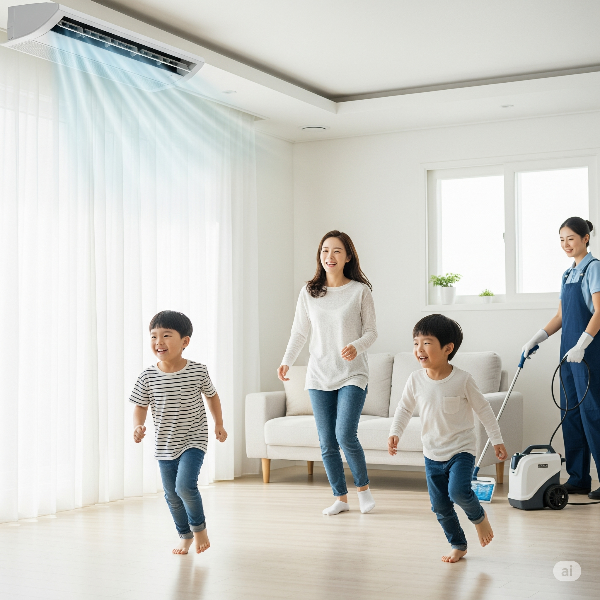 에어컨 청소 후 시원한 바람을 즐기는 가족