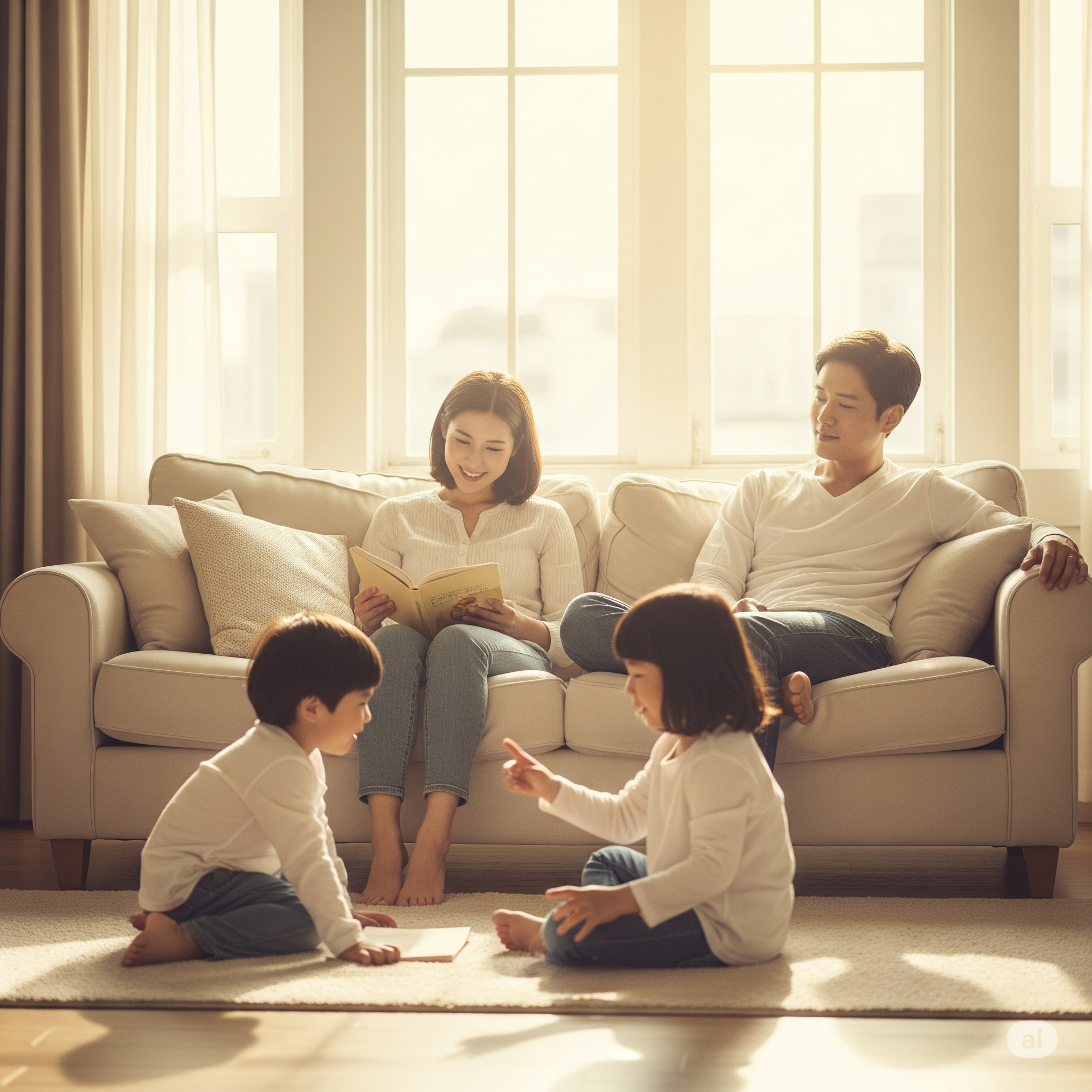 깨끗한 거실에서 편안한 시간을 보내는 가족